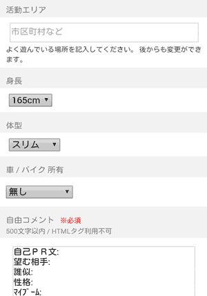 PCMAXプロフィール入力画面